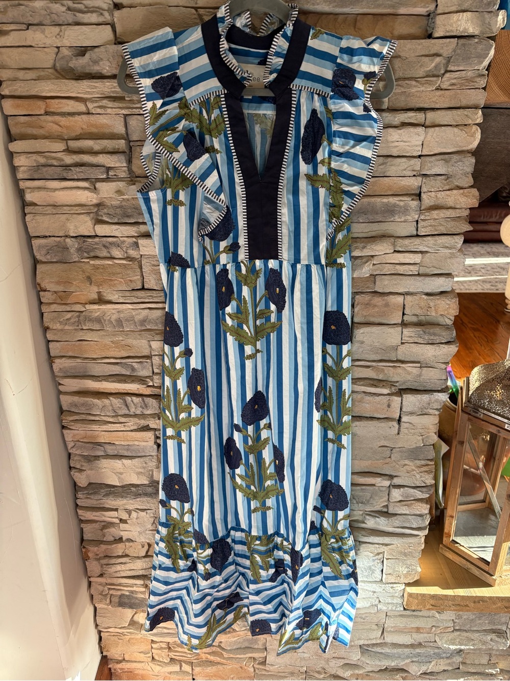 NWT Umgee Blue & White Striped Maxi Dress with Navy Floral Embroidery, S-L
